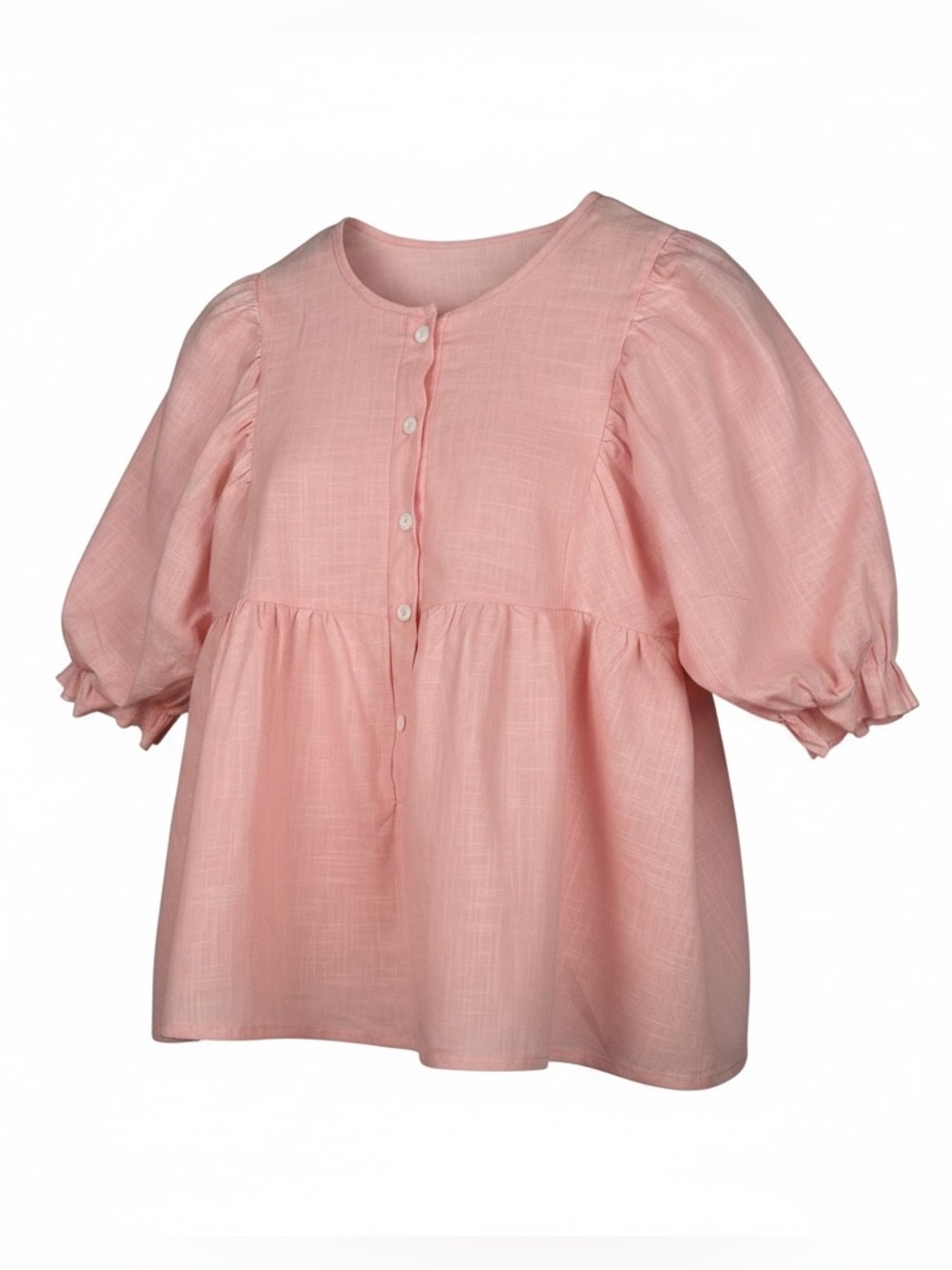 Puff-Sleeve Peplum Blouse in Soft Pink